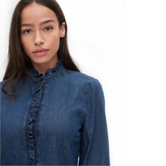 GAP Denim Ruffle Trim Popover Shirt Cottagecore Prairie Dark Indigo Blue XSP - Picture 3 of 12